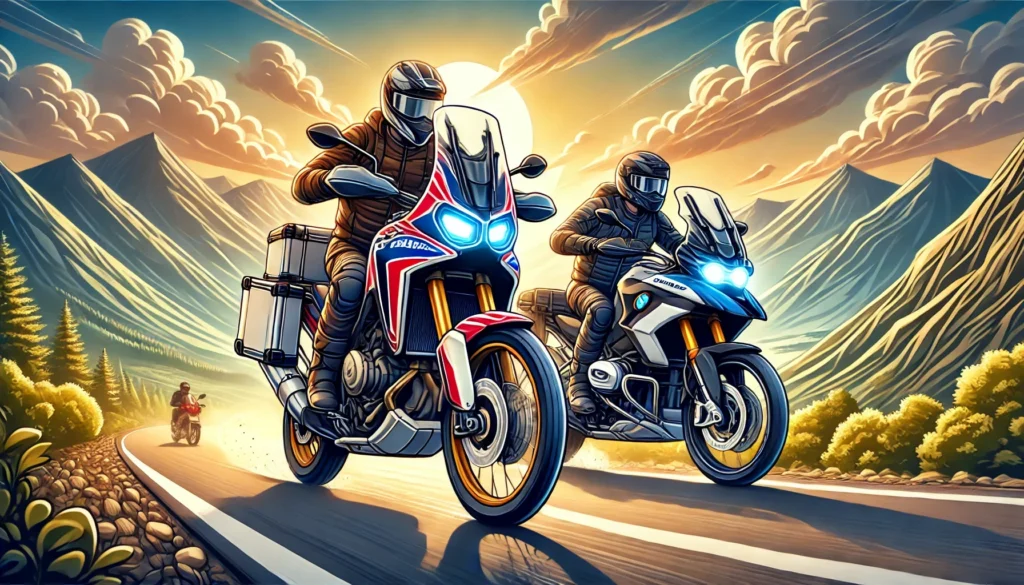 Illustrazione cartoon di due moto adventure in movimento su una strada panoramica con montagne e tramonto, polvere sollevata e motociclisti in abbigliamento tecnico.