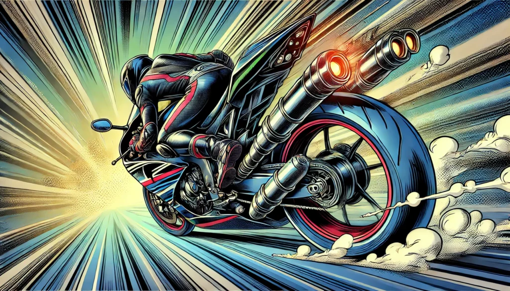 Illustrazione in stile fumetto di una moto sportiva in accelerazione con scarico aftermarket visibile, linee dinamiche per enfatizzare la velocità e sfondo sfocato per dare un senso di movimento.