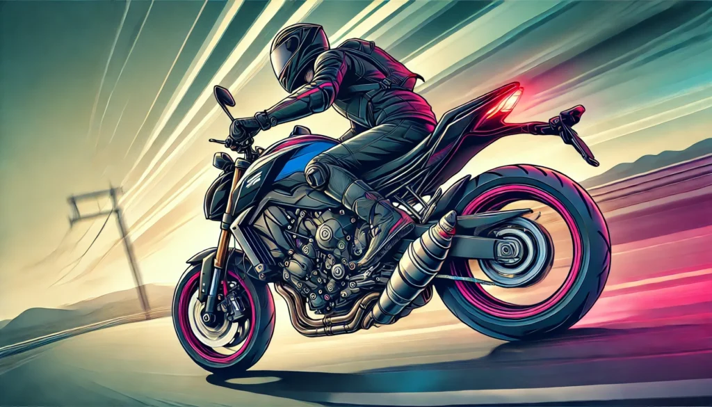 Illustrazione cartoon di una Yamaha MT-07 su strada con scarico evidenziato