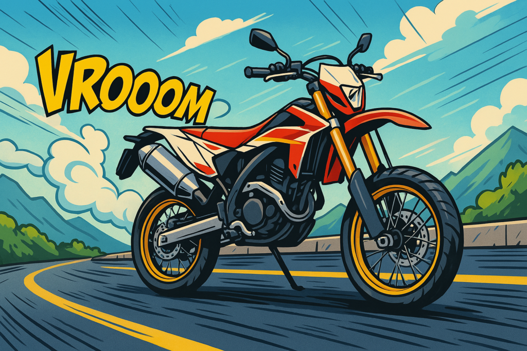 Illustrazione cartoon di una moto 125cc stile Fantic XMF con scarico sportivo su strada panoramica