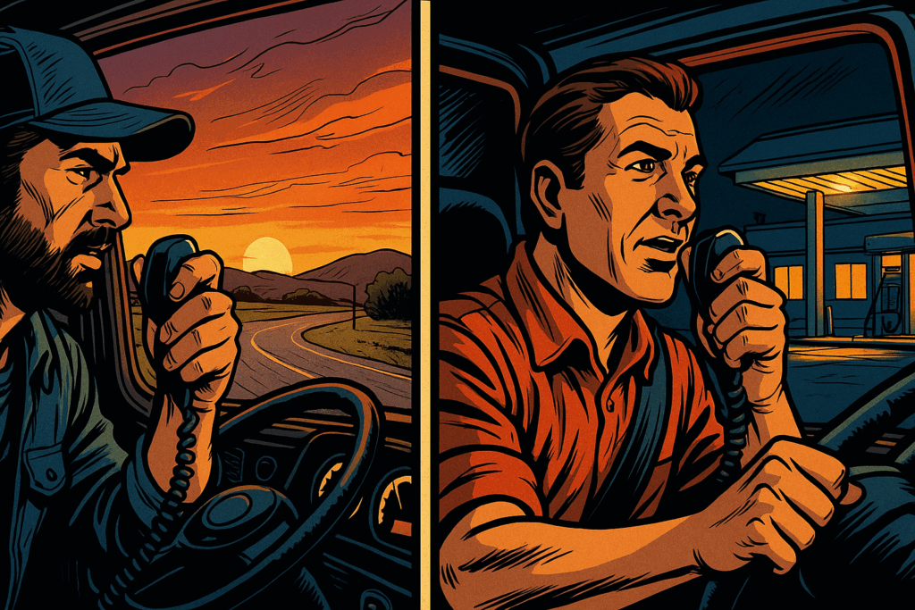 Due camionisti in zone diverse comunicano via radio CB all’interno delle cabine dei loro camion, illustrati in stile fumetto americano.