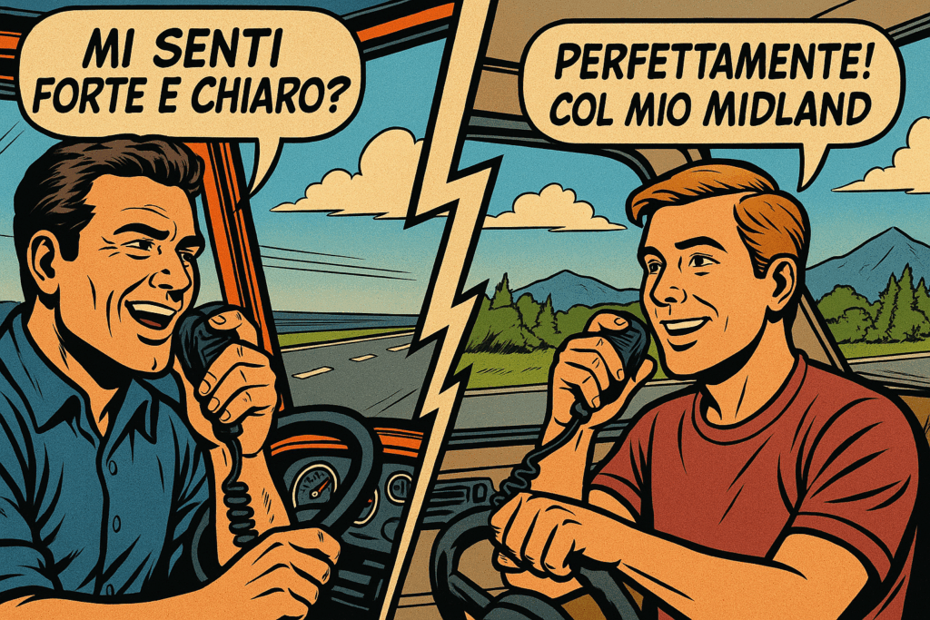 Due conducenti, uno in camion e uno in camper, comunicano via CB Midland mentre guidano