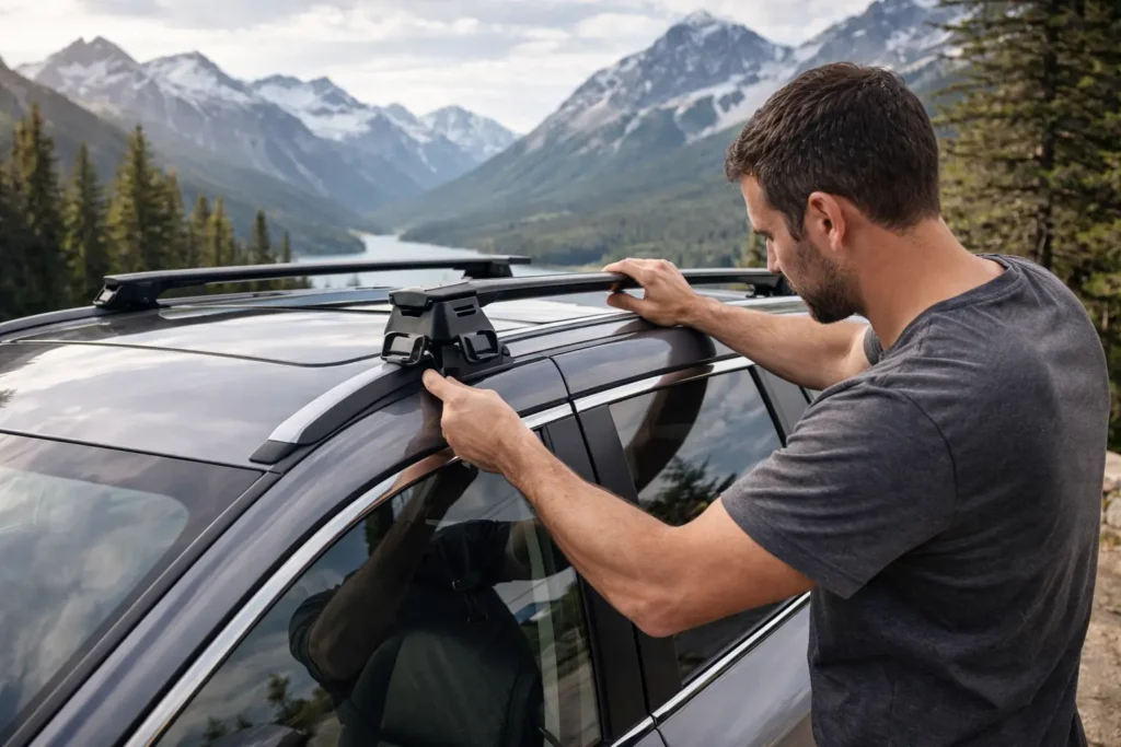 Uomo controlla installazione barre tetto su auto SUV moderna parcheggiata in montagna
