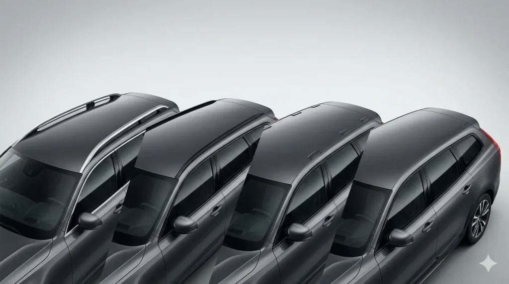 Confronto tra i principali tipi di tetto auto per barre portatutto: railing aperti, railing integrati, punti di fissaggio fissi e tetto liscio senza predisposizioni.