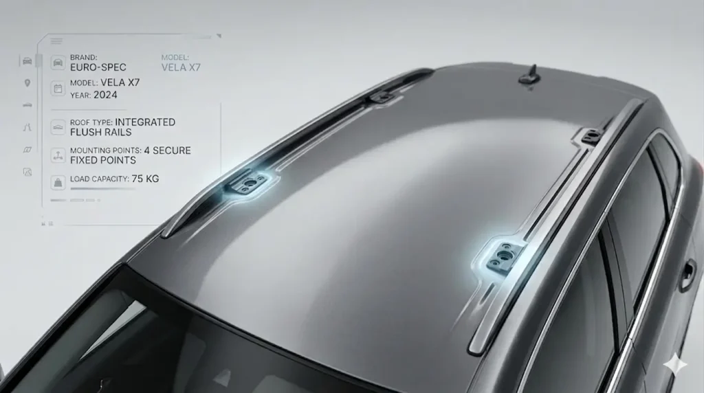 Primo piano tetto auto moderna con punti di fissaggio per barre portatutto evidenziati e interfaccia digitale informativa