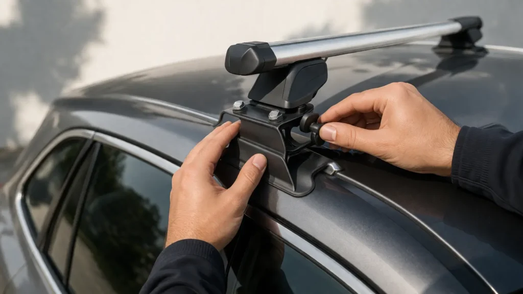 Installazione del kit di fissaggio per barre portatutto auto con aggancio specifico al tetto e piede della barra